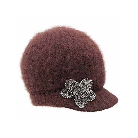 Angora Knit Newsboy Hat With Beaded Flower - Picture 5 of 8
